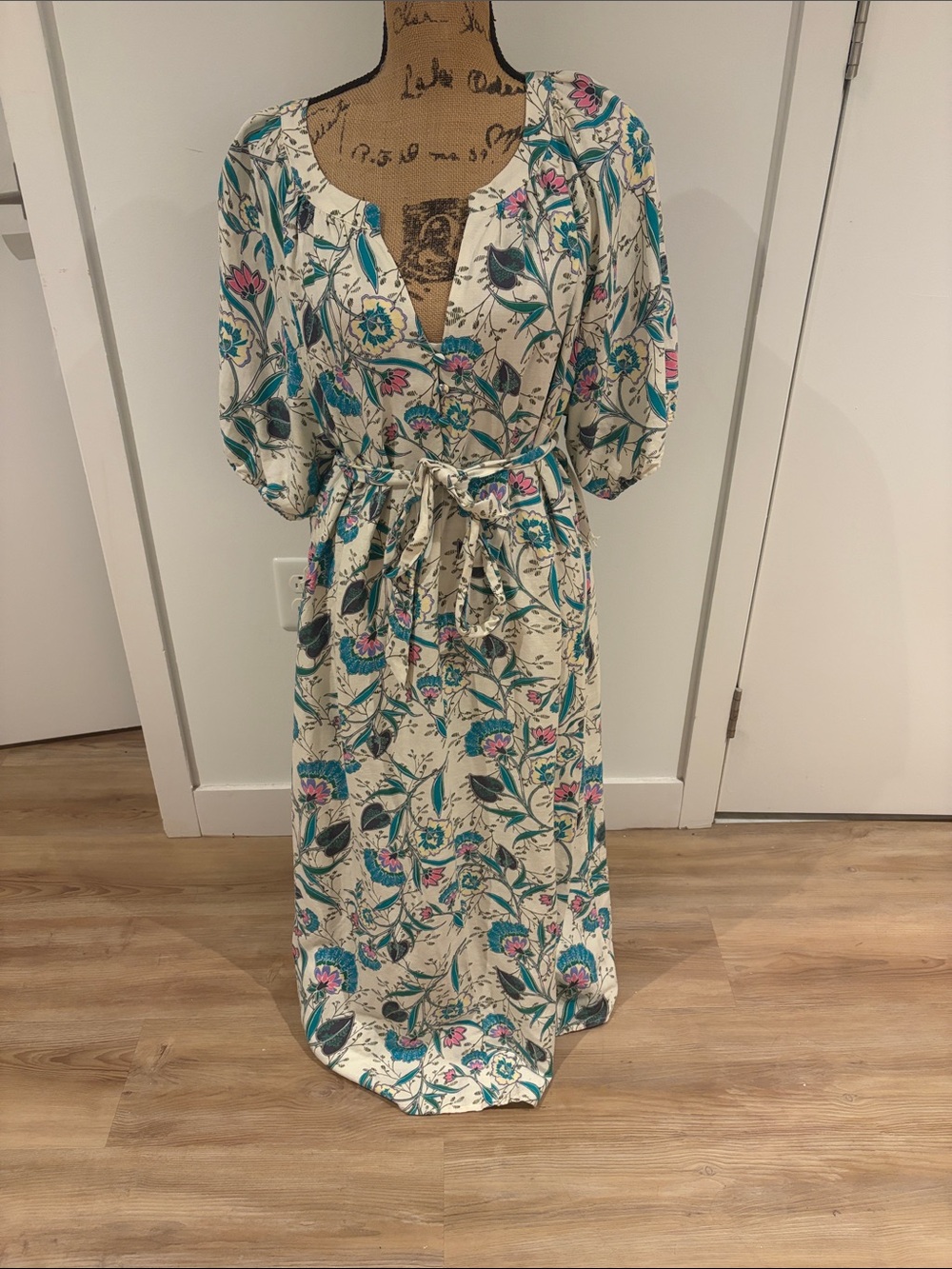 LOFT Cream Floral midi belted Dress with Teal and Pink Accents